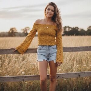 Mustard Yellow Lace Smocked Off-The-Shoulder Boho Festival Flare Sleeve Blouse